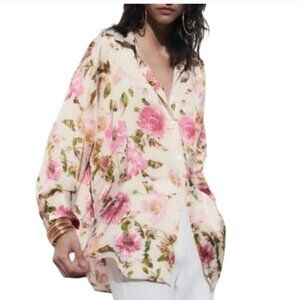 Zara Pink Satin Effect Oversized Button Front Floral Shirt Size Med